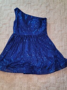 NWT Royal Blue One Shoulder Short Sequin Dress Full Skirt Size 14